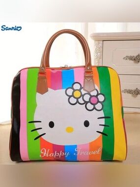 New hello kitty rainbow tote bag bowling ball style purse bag luggage brown trim